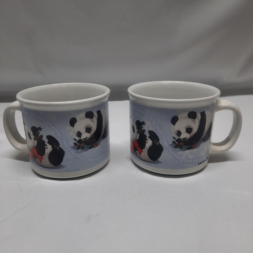 VTG Set of 2 Morehead panda bear Christmas soup, tea or coffee cups.